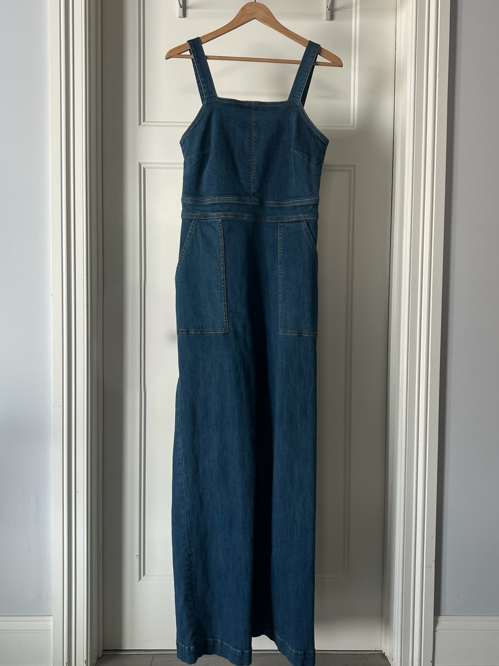 Classic Dark Blue Denim Square-Neck Jumpsuit